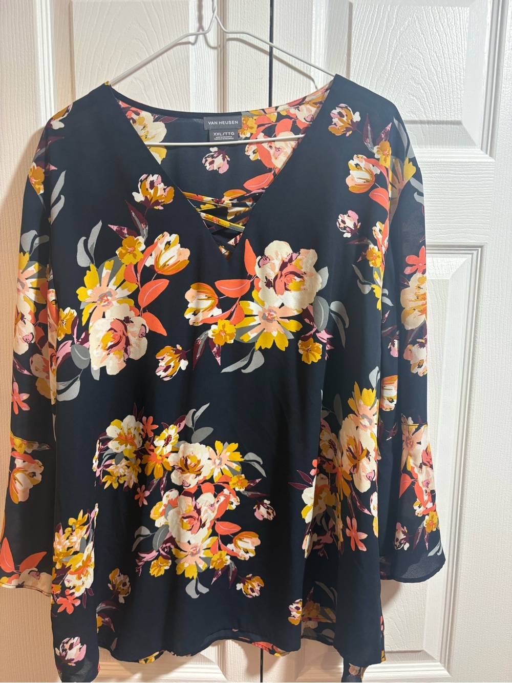 Rose & Olive Navy Floral Lace-Up V-Neck Blouse Boho Office Chic - Picture 2 of 5